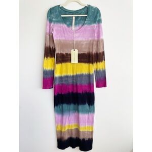 NWT Raquel Allegra Naomi Tie Dye Striped dress bright rainbow midi maxi shirt M